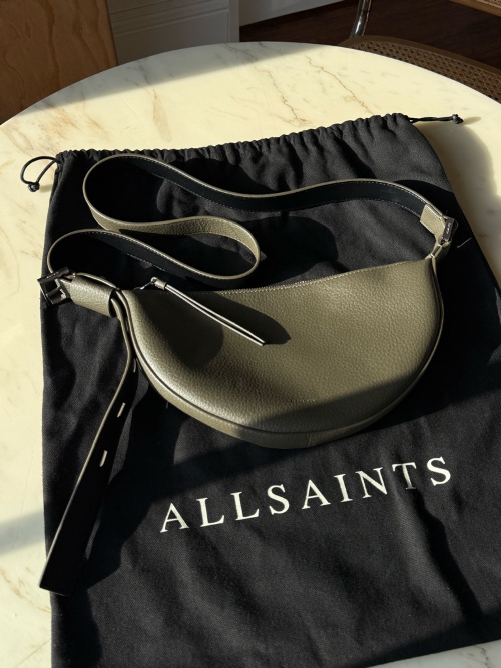 AllSaints Half Moon Olive Green Leather Crossbody Bag